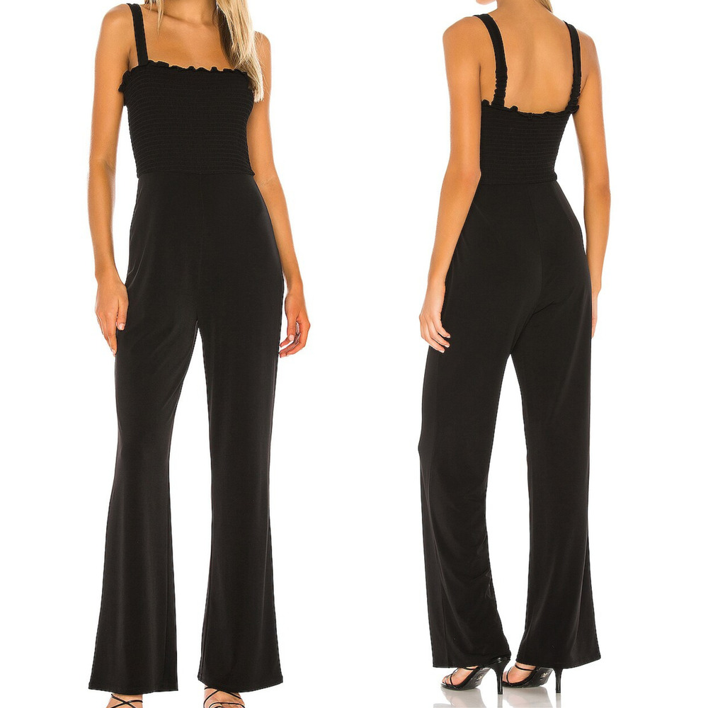 Lovers + Friends Valkyrie Sleeveless Ruffle Trim Smocked Jumpsuit Black S